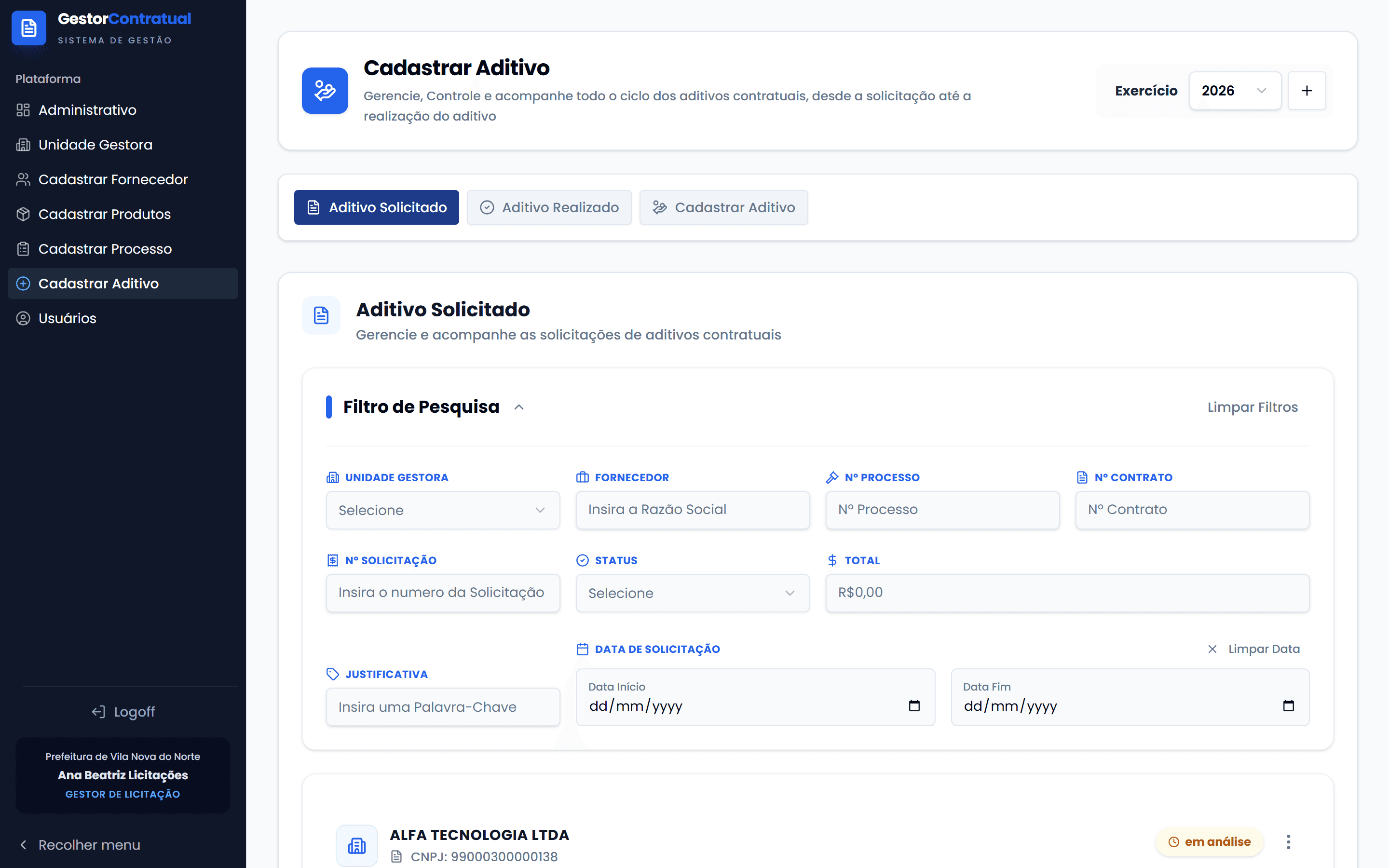 Tela de cadastro de aditivo, com o tipo de alteração, o valor e o limite legal disponível calculado sobre o valor inicial do contrato.